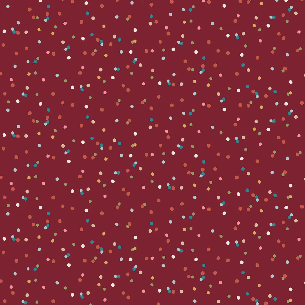 A repeating confetti pattern of small multicolored dots on a deep burgundy background.