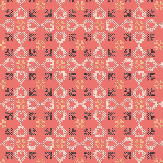 Folk Floral Cross Stitch Hearts Coral Fat Quarter (Lewis & Irene)