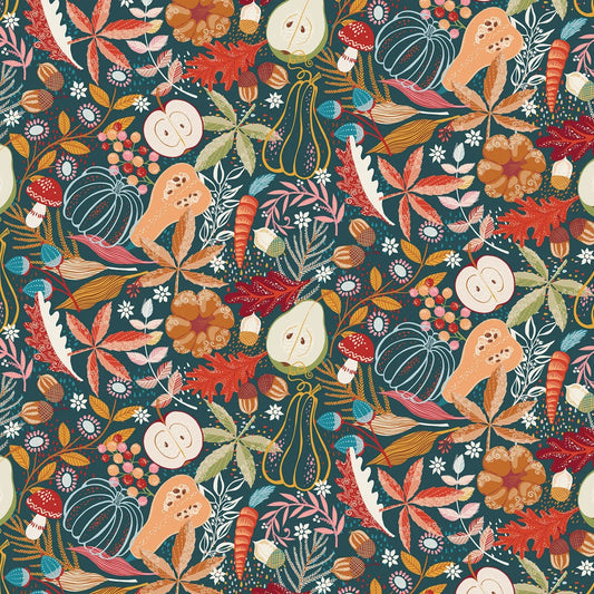 A dense, colorful autumn-themed pattern featuring illustrated mushrooms, pumpkins, gourds, leaves, acorns, and berries on a dark teal background.
