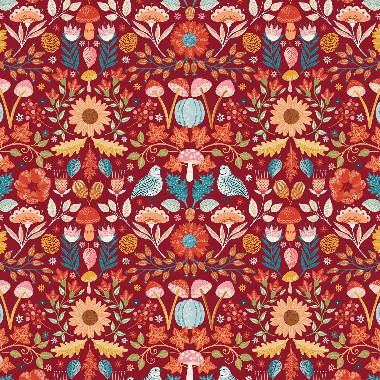A repeating autumn floral pattern on a dark red background, featuring sunflowers, mushrooms, leaves, berries, small birds, and pastel pumpkins in orange, yellow, teal, pink, and cream.