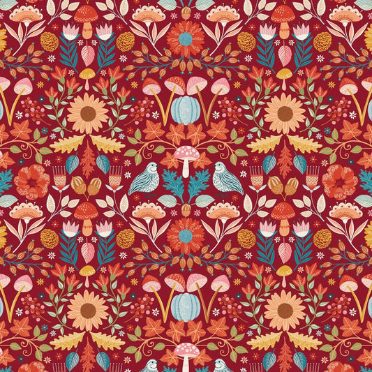 A repeating autumn floral pattern on a dark red background, featuring sunflowers, mushrooms, leaves, berries, small birds, and pastel pumpkins in orange, yellow, teal, pink, and cream.
