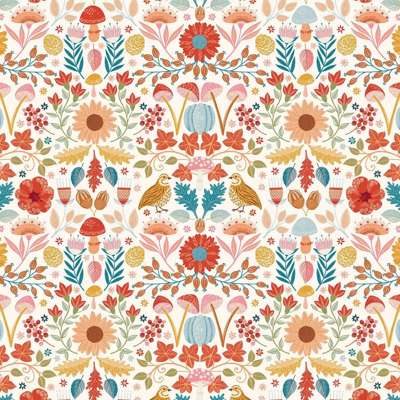 A repeating autumn floral pattern on a white background, featuring orange and red flowers, teal and mustard leaves, mushrooms, acorns, pumpkins, birds, and small trees in a stylized illustration.