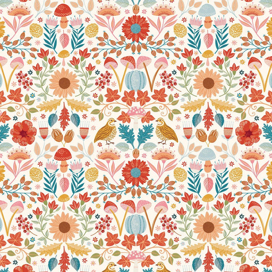 A repeating autumn floral pattern on a white background, featuring orange and red flowers, teal and mustard leaves, mushrooms, acorns, pumpkins, birds, and small trees in a stylized illustration.