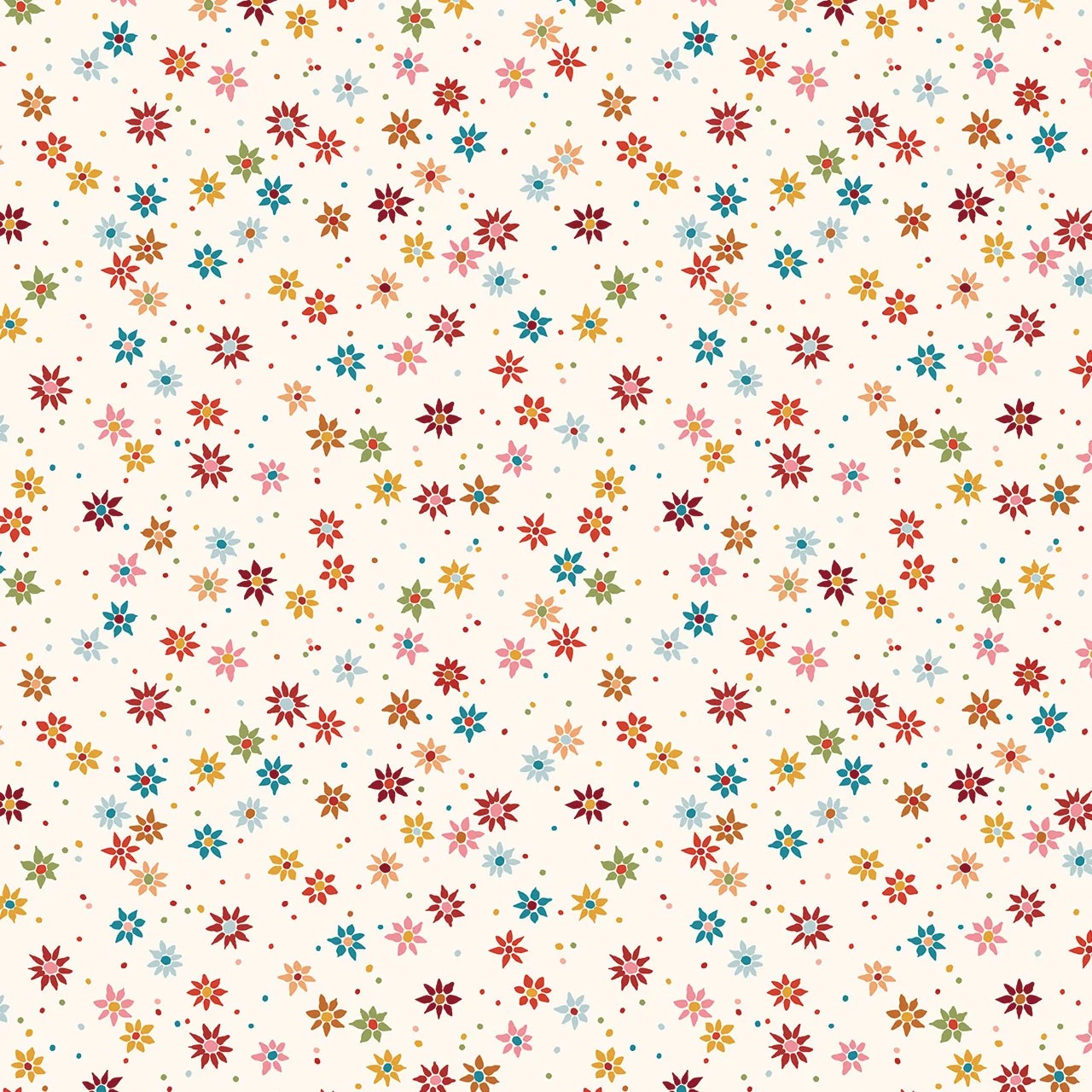 A repeating pattern of small multicolored starburst flowers and tiny dots on a warm cream background.