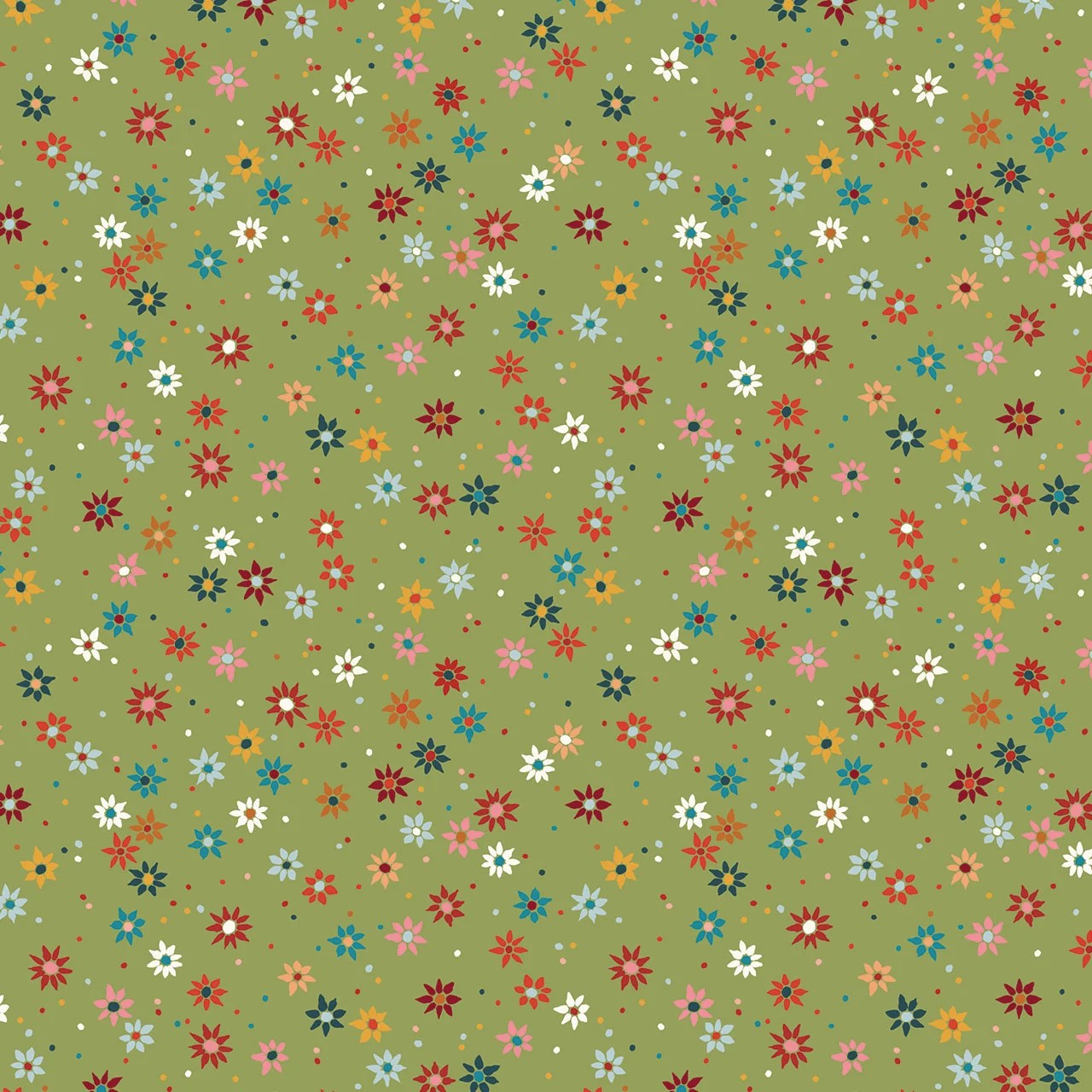 A repeating floral pattern on an olive green background, featuring small multicolored starburst flowers in red, blue, pink, orange, white, and dark green.
