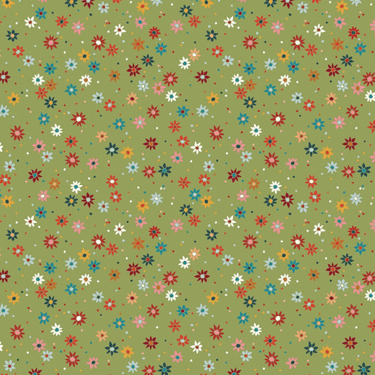 A repeating floral pattern on an olive green background, featuring small multicolored starburst flowers in red, blue, pink, orange, white, and dark green.