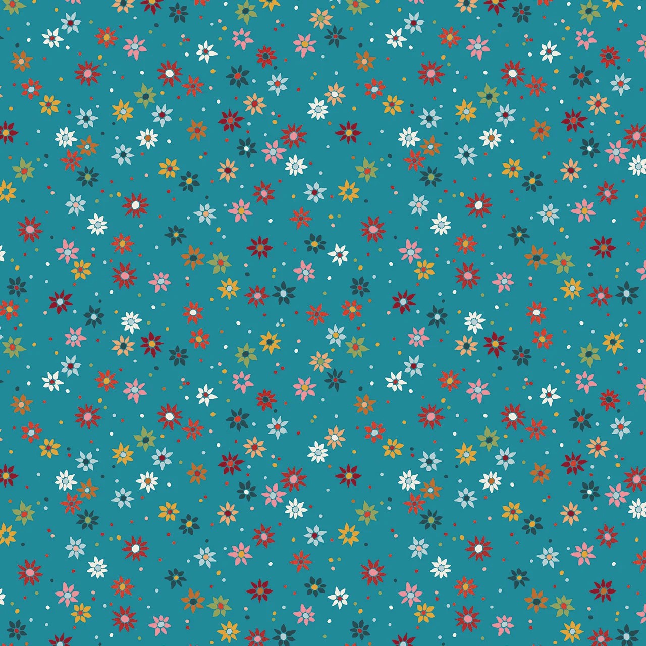 A repeating floral pattern on a teal background, featuring small multicolored flowers and dots in red, yellow, white, pink, orange, and dark green.
