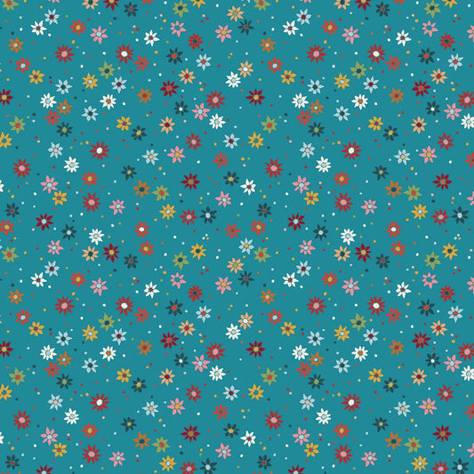 A repeating floral pattern on a teal background, featuring small multicolored flowers and dots in red, yellow, white, pink, orange, and dark green.