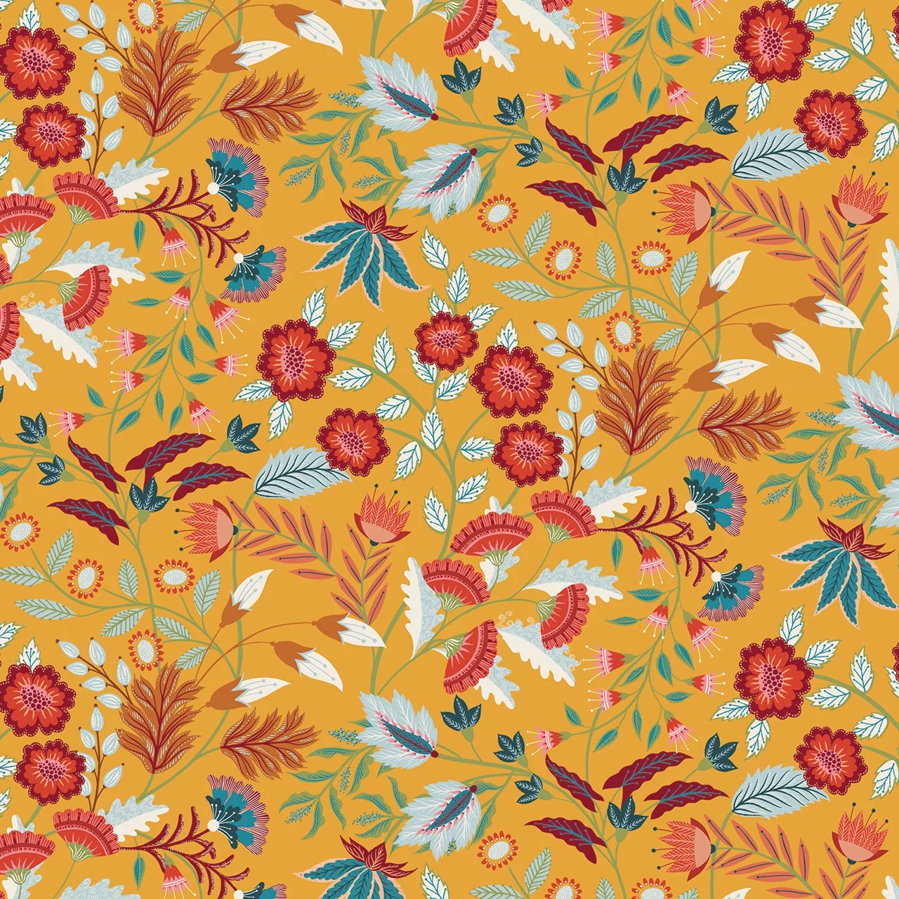A repeating floral pattern on a mustard yellow background, featuring red, orange, teal, blue, and white botanical motifs including flowers, leaves, and stems.