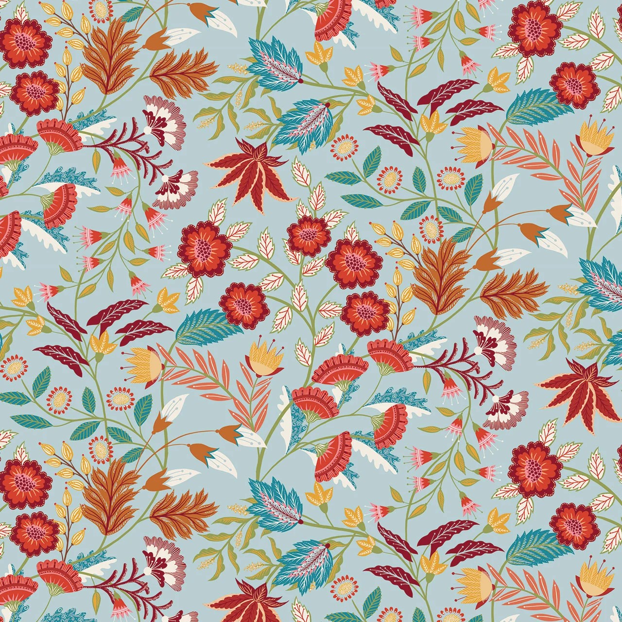 A repeating floral pattern featuring red, orange, and teal flowers with brown and teal leaves on a light blue-gray background.