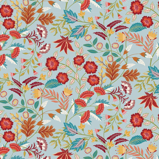 A repeating floral pattern featuring red, orange, and teal flowers with brown and teal leaves on a light blue-gray background.