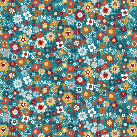 A dense, repeating floral pattern featuring a variety of stylized flowers in orange, red, yellow, white, and teal on a teal background.