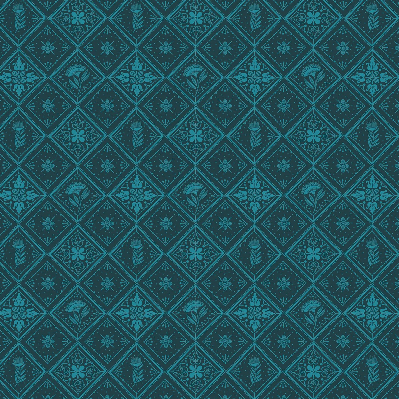 A repeating teal and dark blue ornamental pattern with diamond-shaped tiles, floral motifs, and small bird details, shown as a flat all-over design.