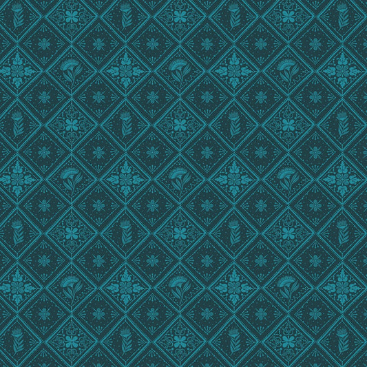 A repeating teal and dark blue ornamental pattern with diamond-shaped tiles, floral motifs, and small bird details, shown as a flat all-over design.