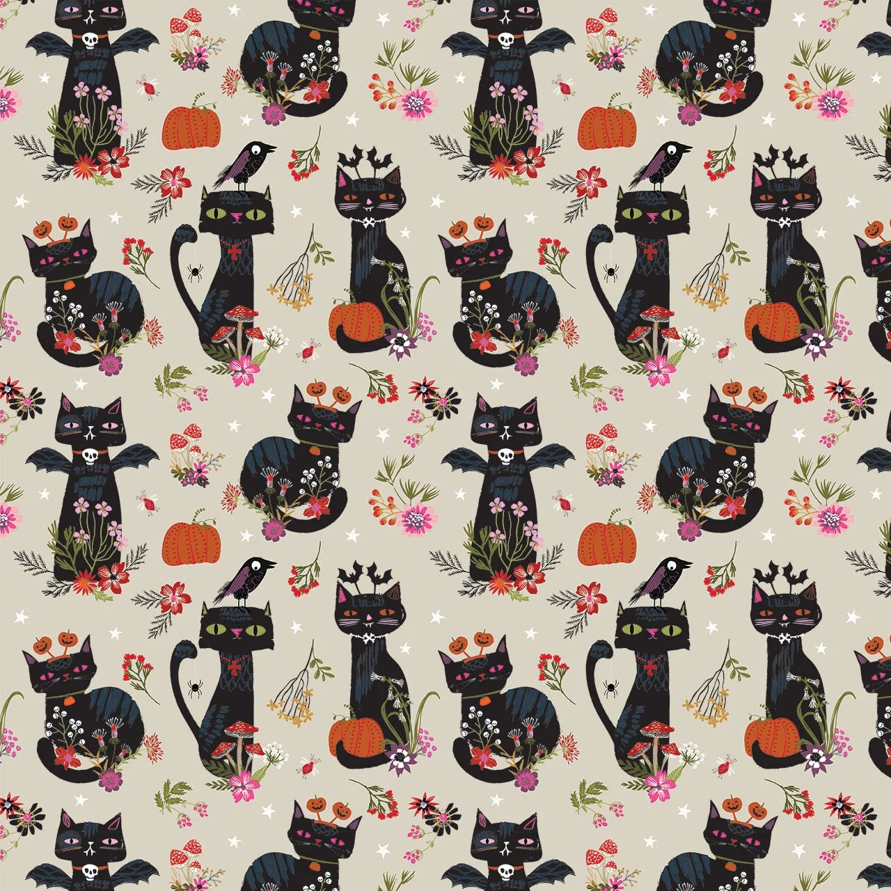 Pattern of black cats, pumpkins, and flowers on a beige background