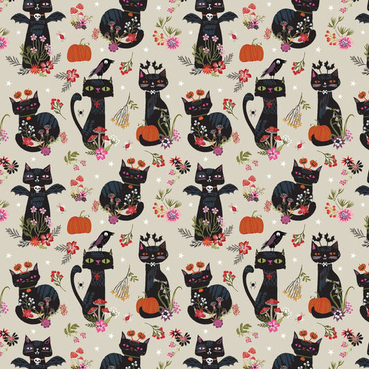 Pattern of black cats, pumpkins, and flowers on a beige background