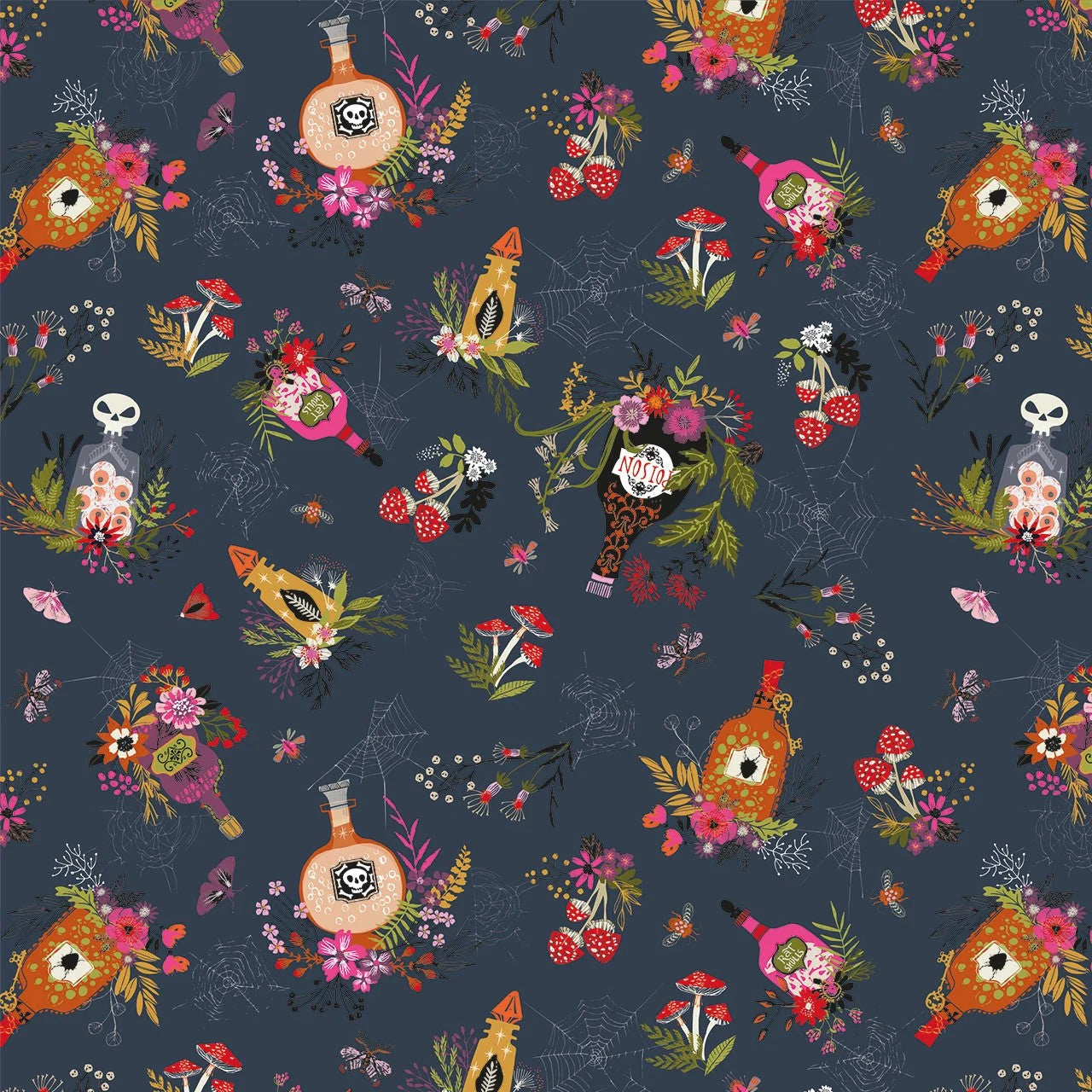 Colorful pattern with skeletons, flowers, and bottles on a dark blue background