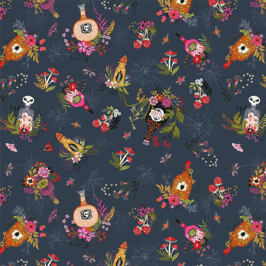 Colorful pattern with skeletons, flowers, and bottles on a dark blue background