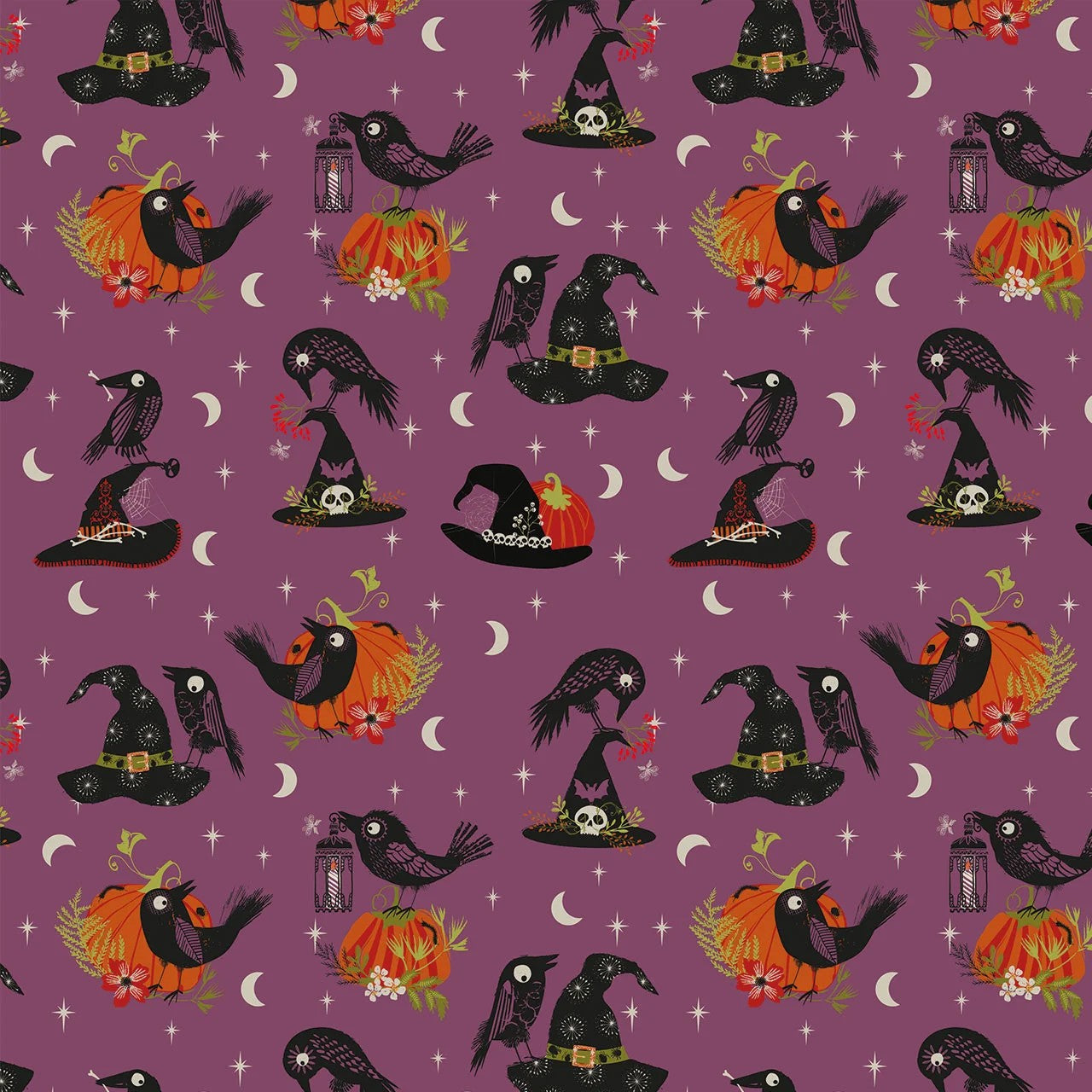 Halloween-themed pattern with pumpkins, witches, and crows on a purple background.