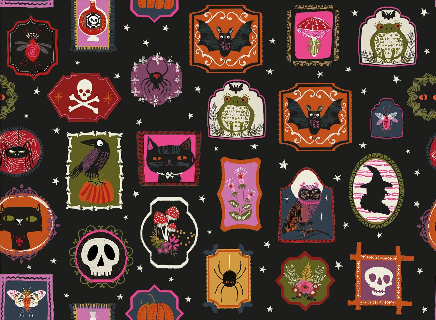 Halloween-themed fabric pattern with various spooky designs on a black background.