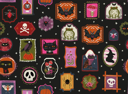 Halloween-themed fabric pattern with various spooky designs on a black background.