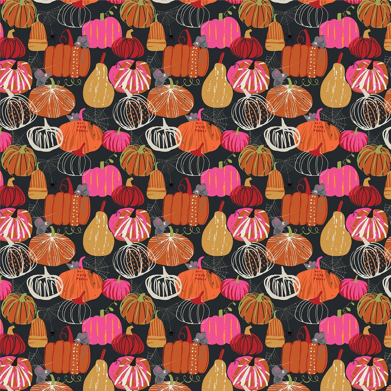 Pattern of colorful pumpkins and gourds on a black background