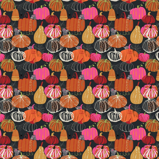 Pattern of colorful pumpkins and gourds on a black background