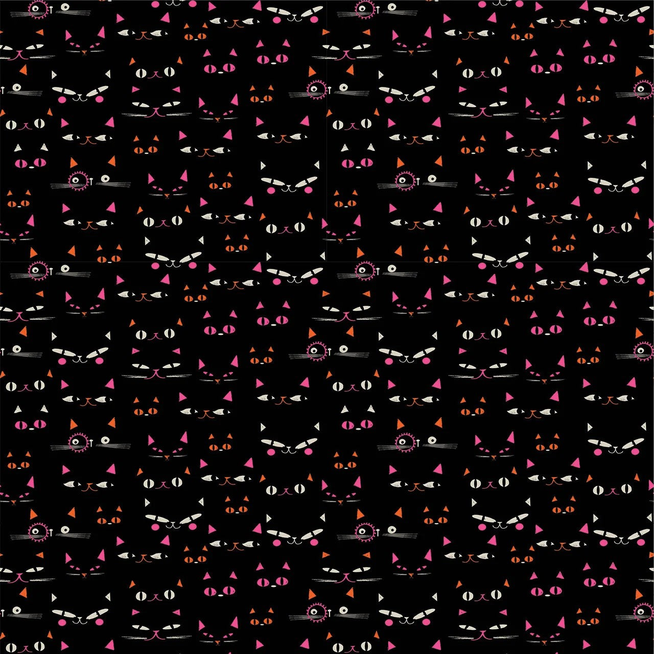 Pattern of black cats with pink accents on a black background