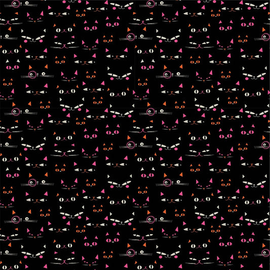 Pattern of black cats with pink accents on a black background