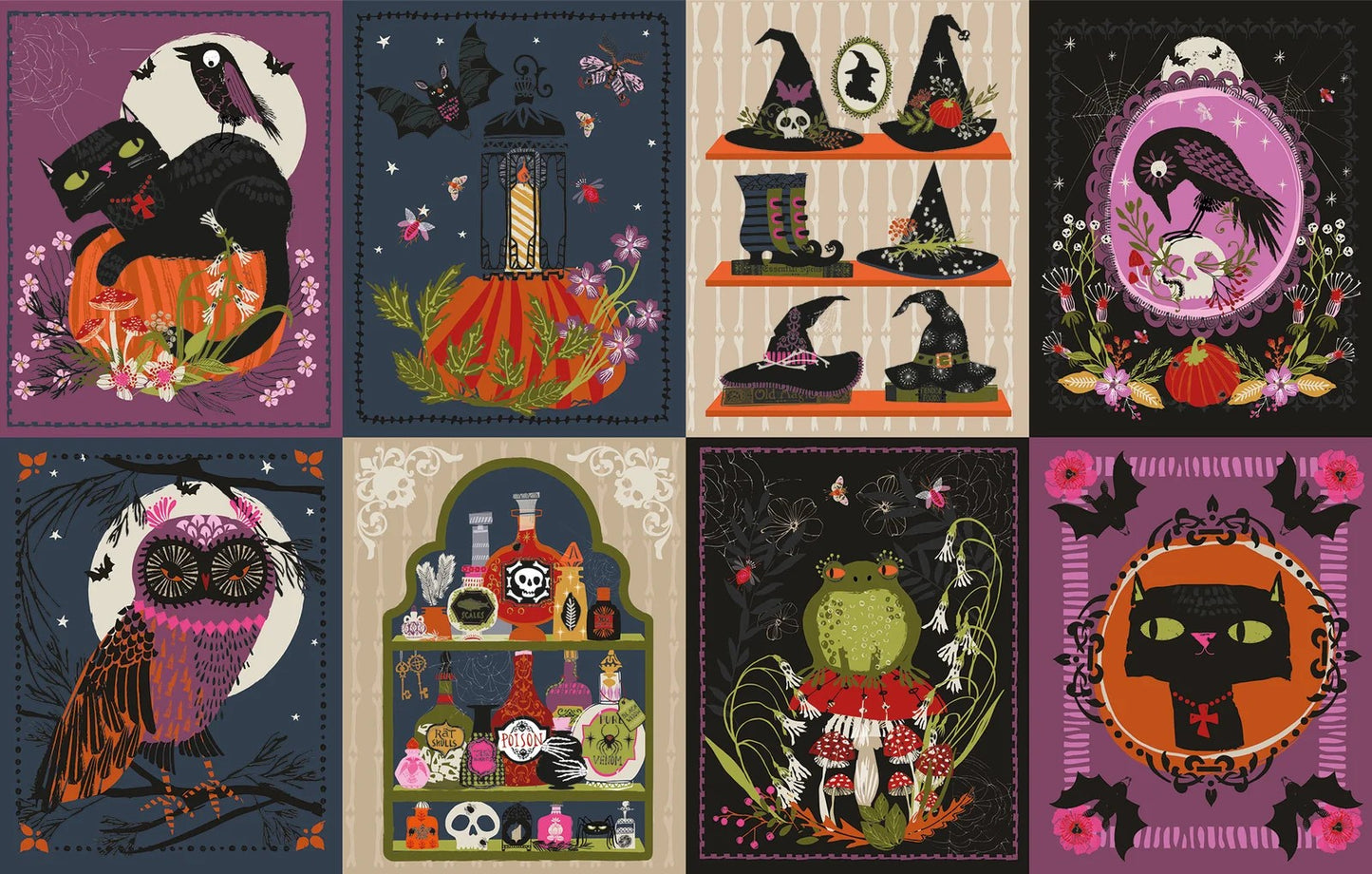 Collection of Halloween-themed fabric panels with various designs including cats, owls, and ghosts.