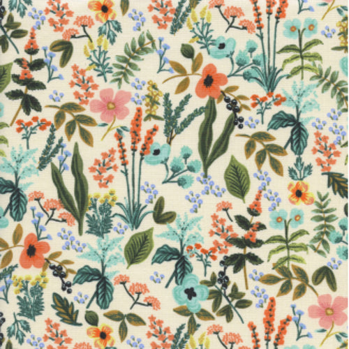 Pattern of colorful flowers and leaves on a beige background