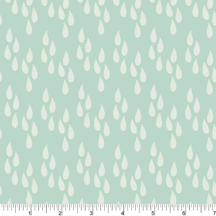 Pattern of white raindrops on a light blue background with a ruler at the bottom.