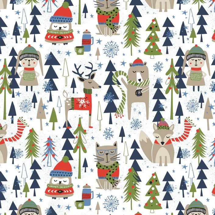 A repeating Christmas woodland pattern featuring cartoon owls, deer, foxes, wolves, evergreen trees, snowflakes, stars, and cozy holiday accessories on a white background.