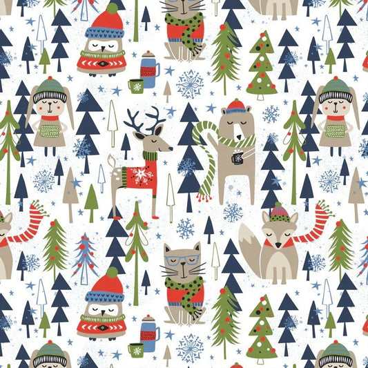 A repeating Christmas woodland pattern featuring cartoon owls, deer, foxes, wolves, evergreen trees, snowflakes, stars, and cozy holiday accessories on a white background.