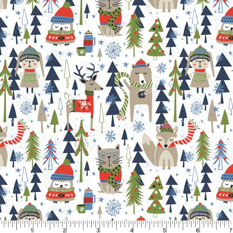 A repeating winter woodland pattern on a white background featuring illustrated owls, deer, foxes, cats, trees, snowflakes, and holiday figures in navy, red, green, beige, and blue. A ruler scale appears along the bottom edge.