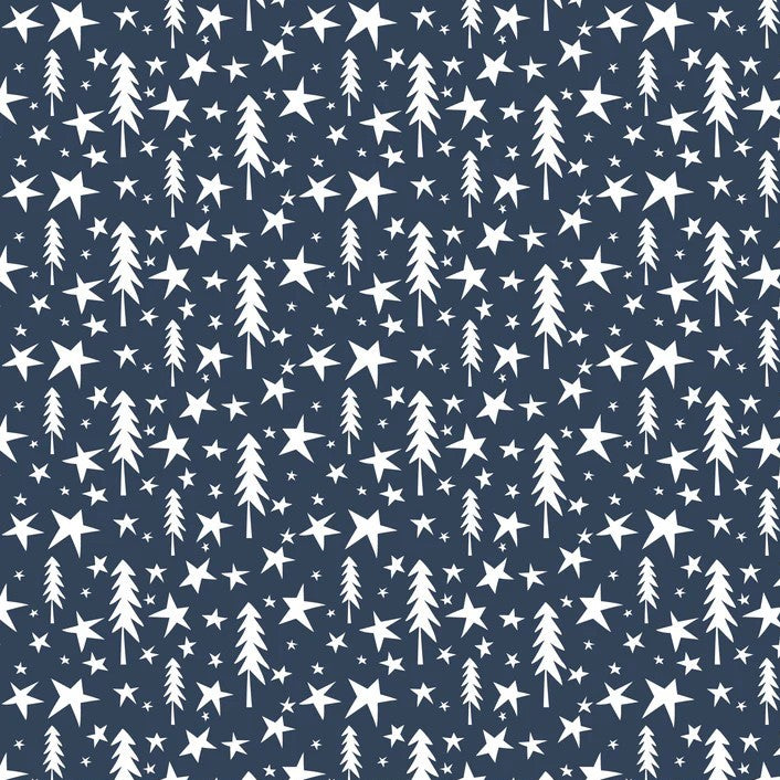 A repeating pattern of white Christmas trees and stars on a dark navy blue background.