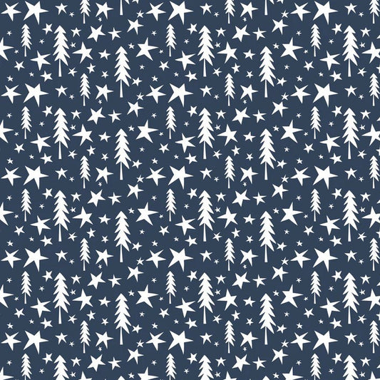 A repeating pattern of white Christmas trees and stars on a dark navy blue background.