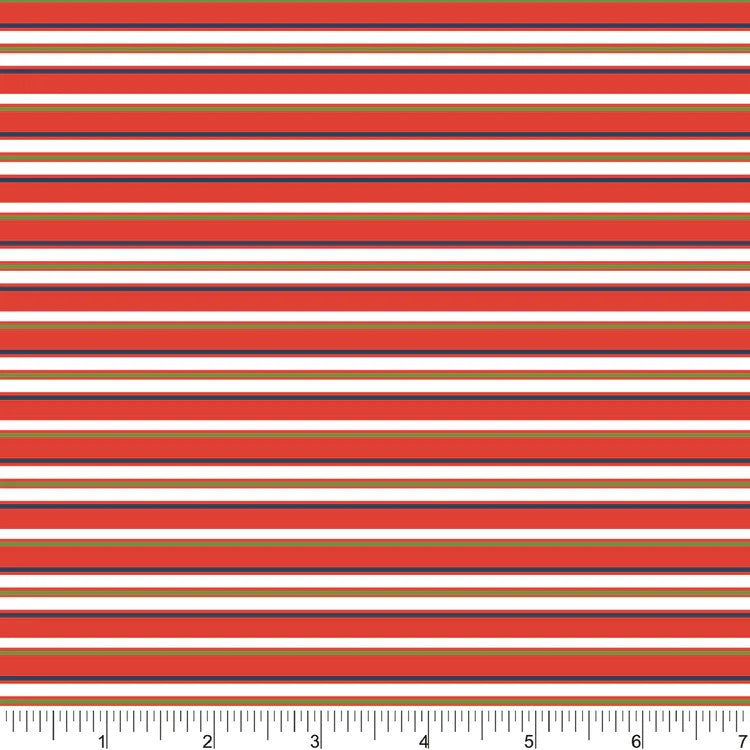 A close-up of a striped fabric pattern with horizontal bands of rust red, white, tan, and dark red, with a 7-inch fabric ruler visible along the bottom edge.