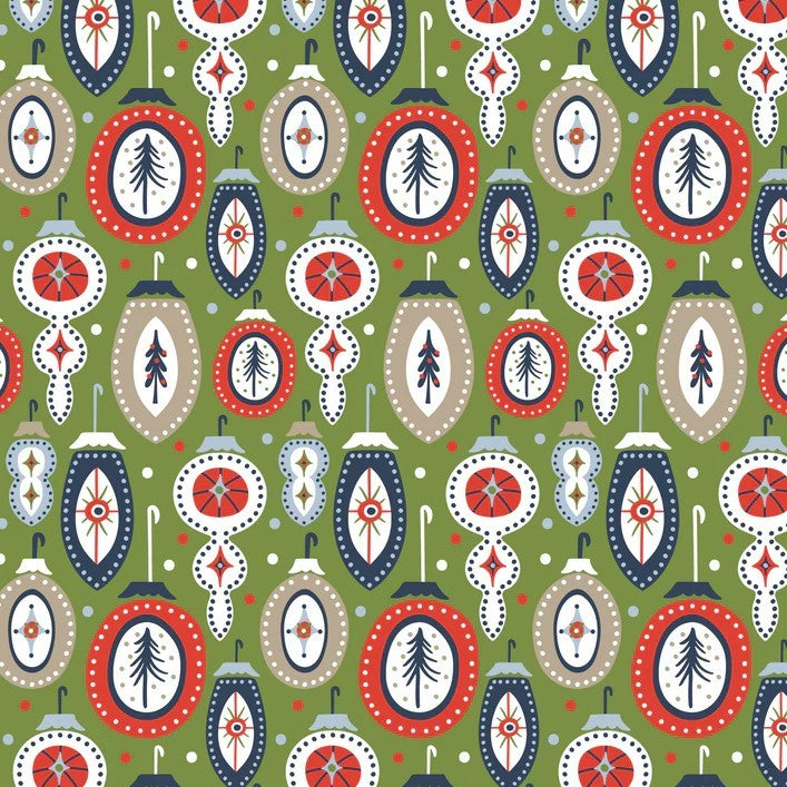 A repeating Christmas ornament pattern on an olive green background, featuring red, navy blue, beige, and white ornaments with stylized pine tree silhouettes.