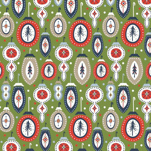 A repeating Christmas ornament pattern on an olive green background, featuring red, navy blue, beige, and white ornaments with stylized pine tree silhouettes.