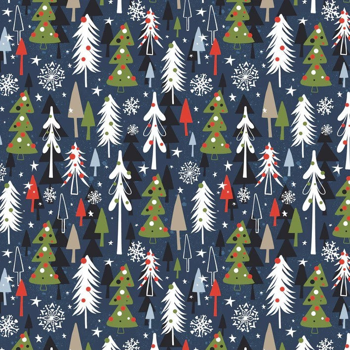 A repeating Christmas pattern featuring stylized white, green, red, and black trees, snowflakes, and stars on a dark navy blue background.