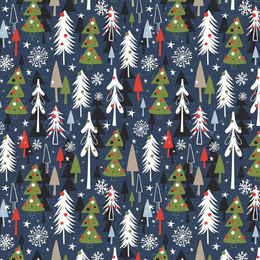 A repeating Christmas pattern featuring stylized white, green, red, and black trees, snowflakes, and stars on a dark navy blue background.