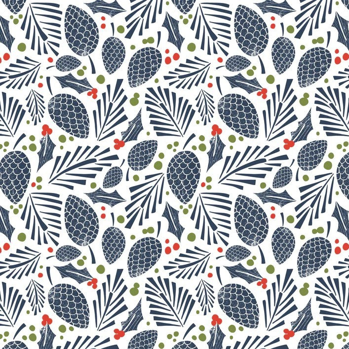A repeating winter botanical pattern on a white background, featuring navy blue pinecones and leaves, green holly leaves and dots, and small red berries.