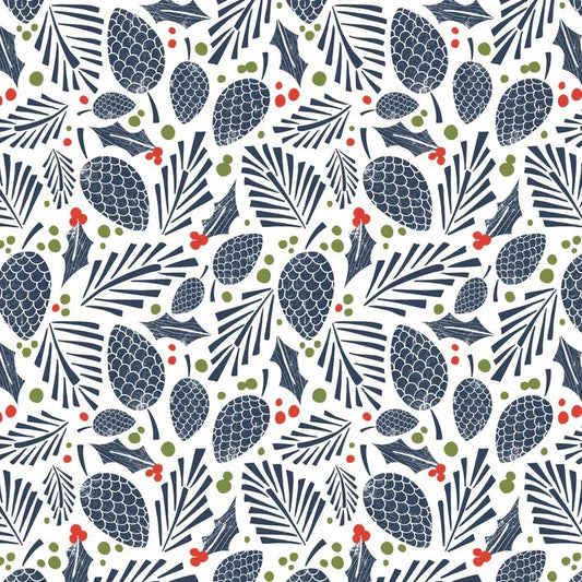 A repeating winter botanical pattern on a white background, featuring navy blue pinecones and leaves, green holly leaves and dots, and small red berries.