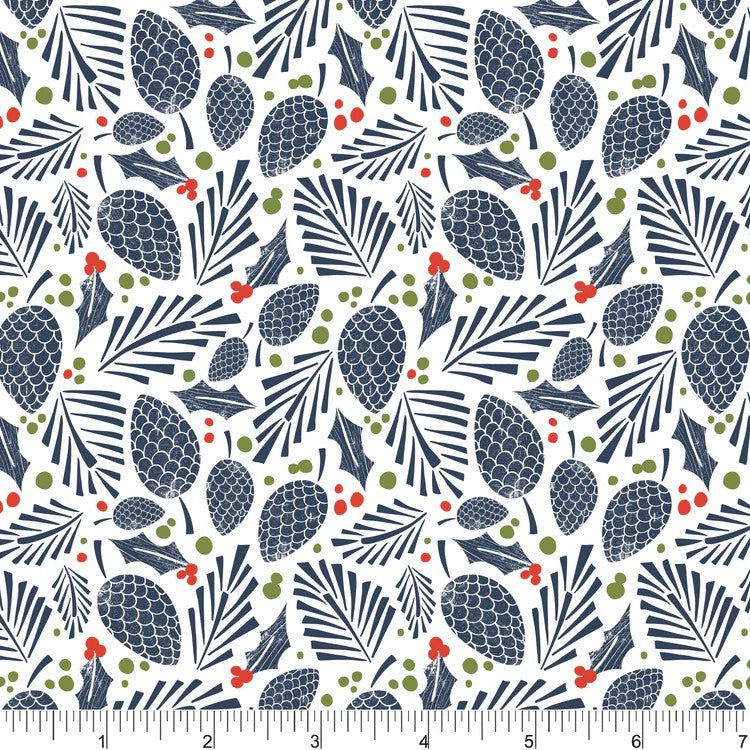A close-up of a repeating holiday botanical pattern featuring navy blue pinecones, holly leaves, pine needles, and small red and green berries on a white background, with a ruler scale along the bottom edge.