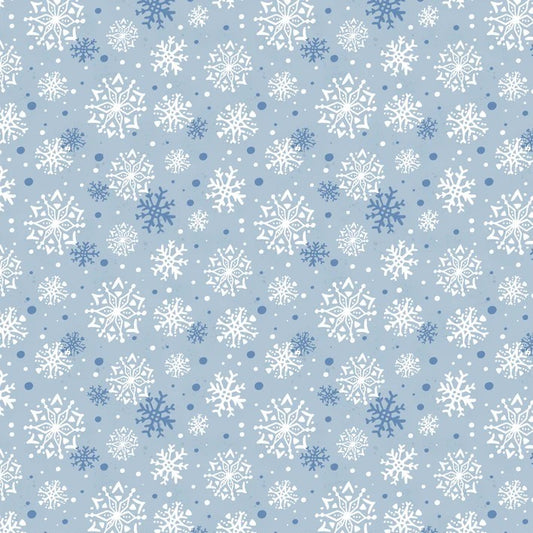 A repeating winter pattern featuring white and light blue snowflakes, dots, and small snowflake shapes on a pale blue background.