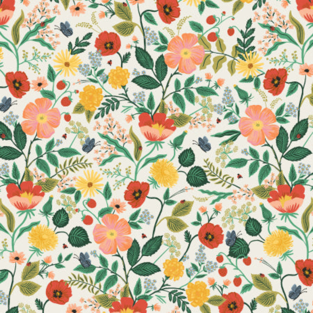 Colorful floral pattern with various flowers and leaves on a white background