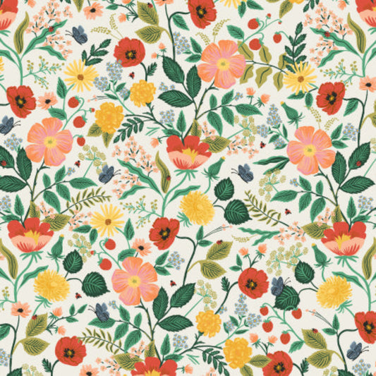 Colorful floral pattern with various flowers and leaves on a white background
