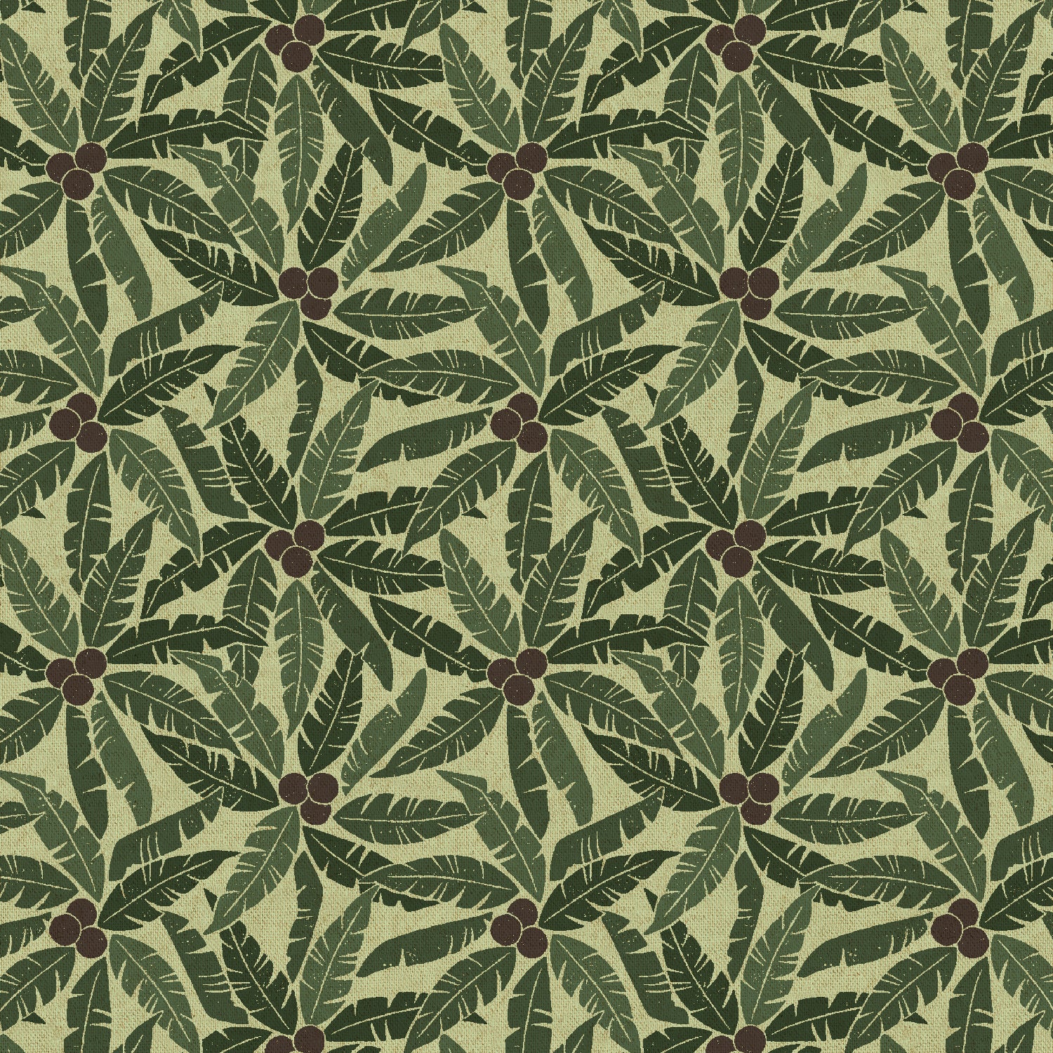 Pattern of green leaves with brown centers on a green background