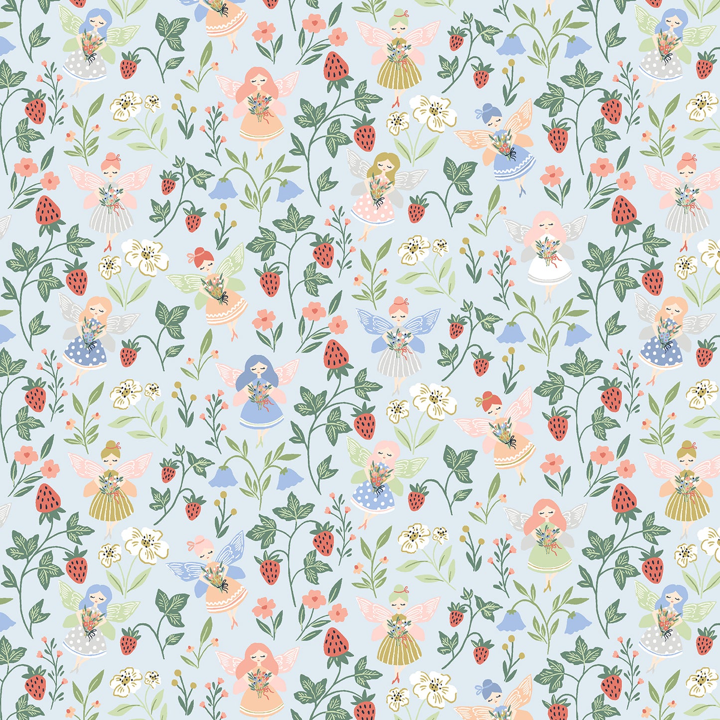 A repeating whimsical pattern featuring small fairy characters, strawberries, flowers, and green vines on a pale blue background.